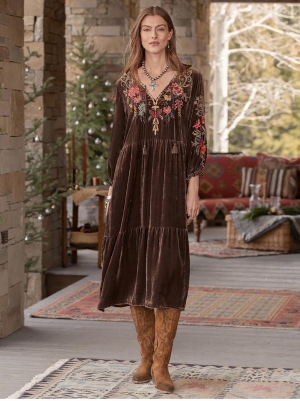 Johnny Was Taline Velvet Boho Midi Dress Brown Embroidered